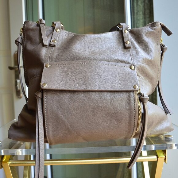 Kooba Tote Handbag Shopper Everette Leather Taupe Gray Zippers Tassels Large - Picture 5 of 16